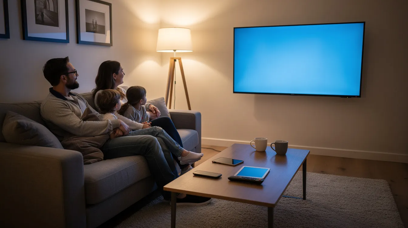 A family is comfortably seated on a couch, enjoying a movie or show on a large flat-screen TV, while various devices like a phone and tablet are placed on the coffee table, indicating their engagement with different IPTV services and live TV channels. The scene captures a cozy atmosphere, perfect for family viewing with access to a wide range of content.