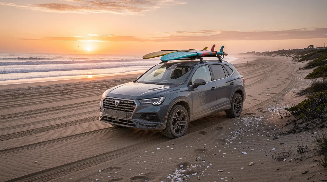 Een SUV geparkeerd op een zanderige kustweg met surfplanken op het dak en de oceaan op de achtergrond.