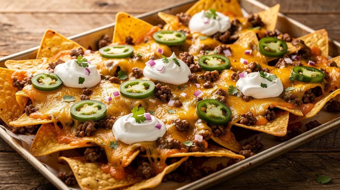 A large sheet pan of loaded nachos features crispy tortilla chips topped with melted cheese, spicy jalapeños, seasoned ground beef, and dollops of creamy sour cream, making it a perfect dish for game day or a Super Bowl party. This delicious party food is sure to be a crowd-pleaser at any football gathering.