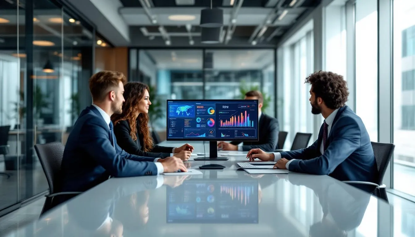 In a modern office setting, a professional business team is engaged in analyzing interactive data dashboards displayed on multiple monitors, utilizing advanced analytics tools for data visualization and data analysis. They are focused on gaining deeper insights and making informed decisions through the use of business intelligence tools and data integration techniques.