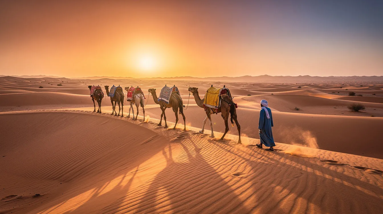 En la imagen se pueden ver las impresionantes dunas doradas del desierto de Marruecos, con camellos caminando lentamente al atardecer, creando un ambiente mágico y sereno. Este paisaje evoca la aventura de alquilar un coche y explorar las maravillas naturales del país.