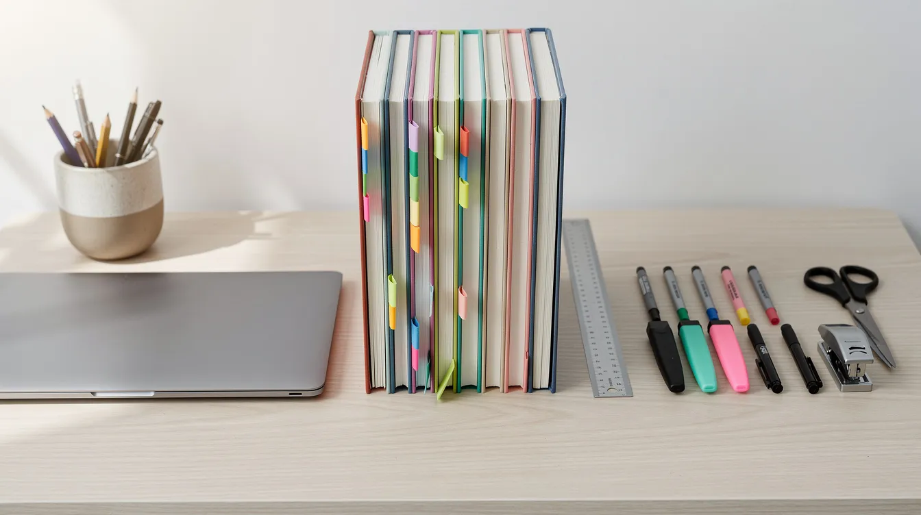 Een georganiseerd bureau met een stapel werkboeken en tools voor startende ondernemers, inclusief templates en werkbladen om hen te begeleiden bij het opzetten van hun eigen zaak. De structuur en focus van deze materialen helpen bij het behalen van doelen en het versterken van hun ondernemerschap.