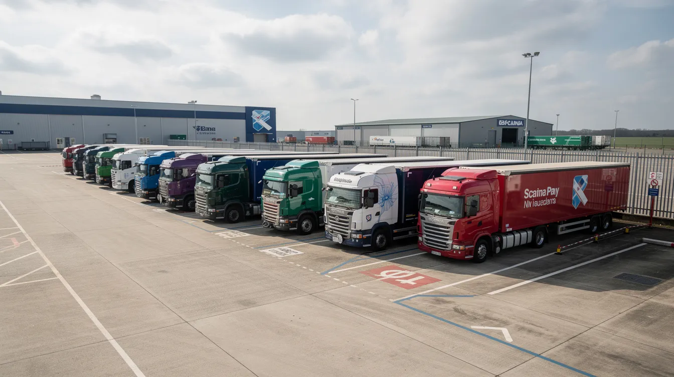 The image depicts several articulated lorries parked in a fleet depot yard, showcasing a well-organized truck fleet. This setup highlights the importance of fleet management and vehicle tracking systems for optimizing operations and ensuring driver safety.