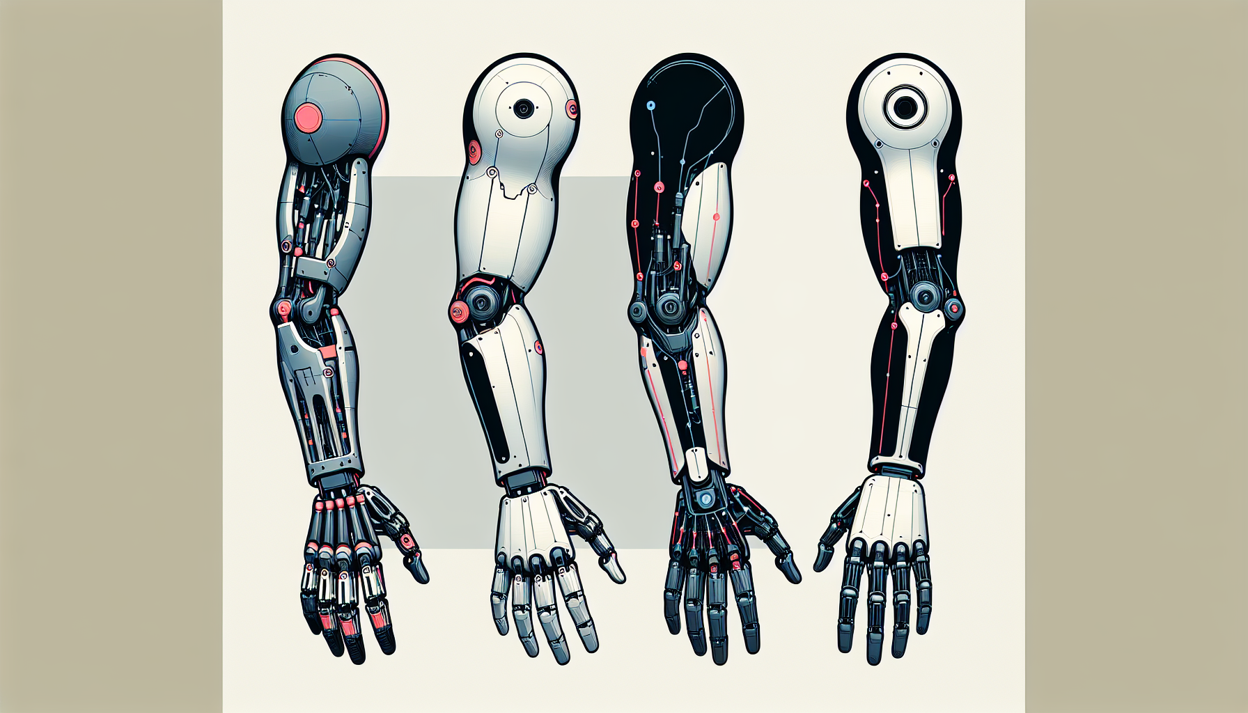 Illustration of various above elbow prosthetic arm options