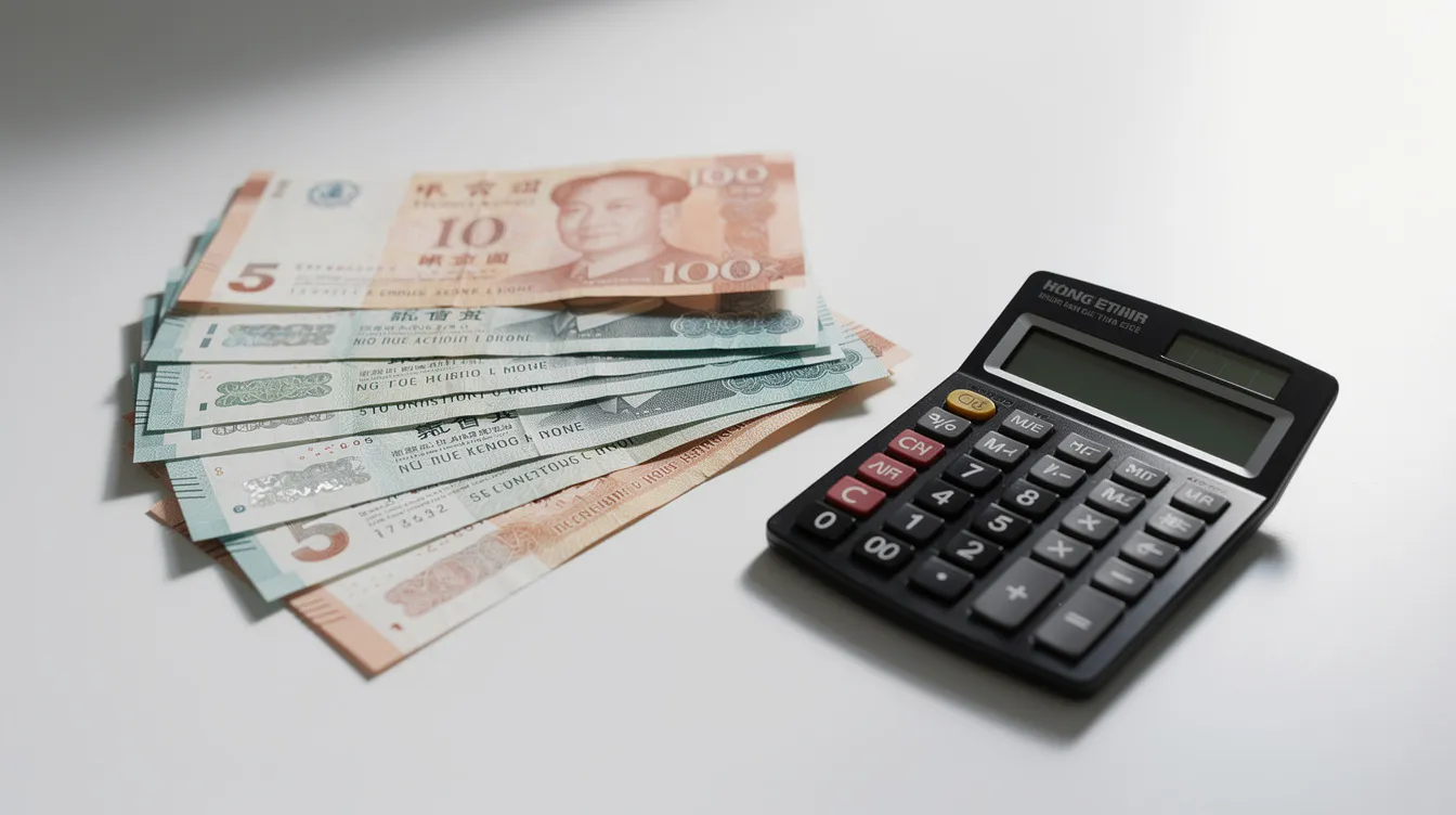 The image shows a collection of Hong Kong dollar bills fanned out on a clean desk, alongside a small calculator, suggesting a financial context. This setup could be associated with personal loans or online loan applications, emphasizing the ease of managing finances.