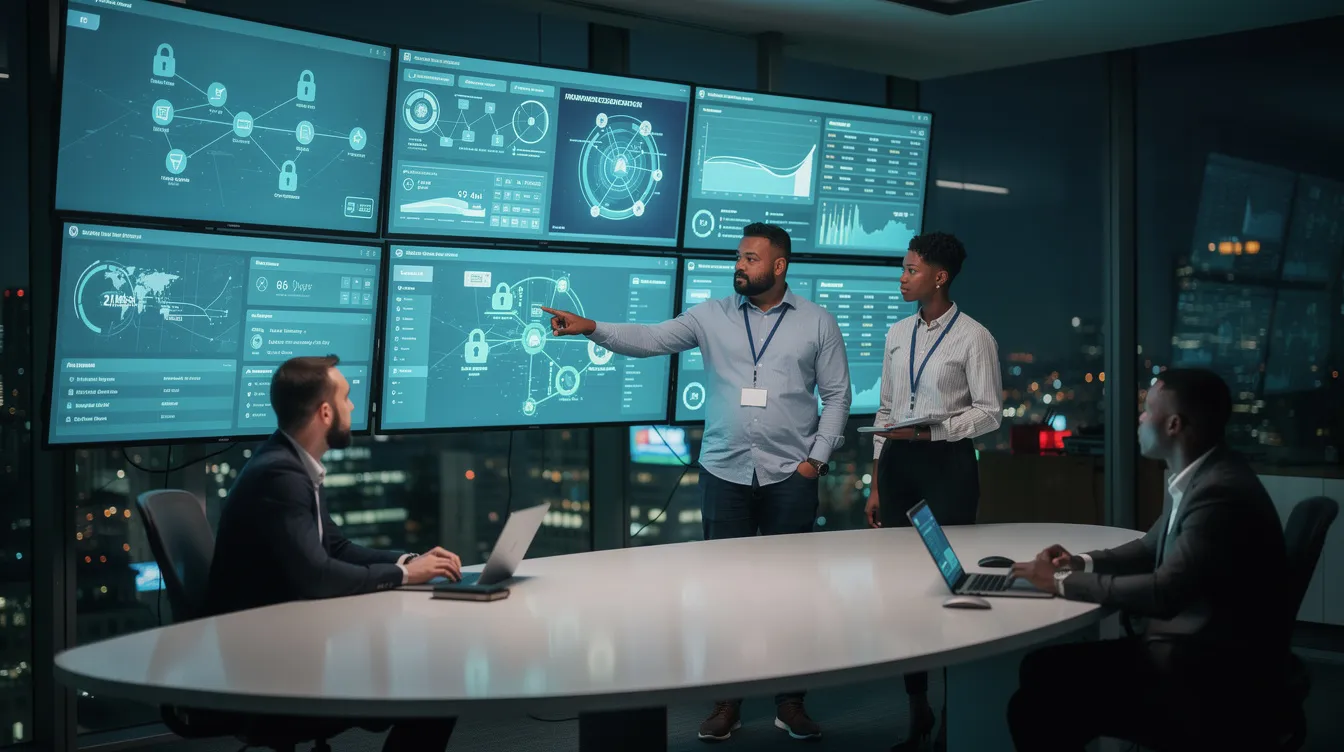 A diverse team of professionals is gathered around multiple screens displaying secure cloud infrastructure, actively examining data and collaborating on complex workflows. The environment emphasizes the use of intelligent agents and autonomous AI agents to enhance enterprise systems and ensure effective risk management.