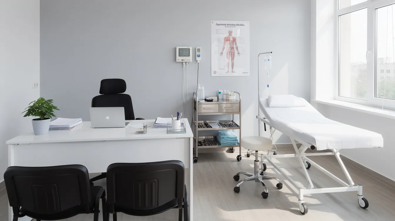 A modern, clean medical consultation room with a desk and examination area for discussing male liposuction and treatment options for stubborn fat.