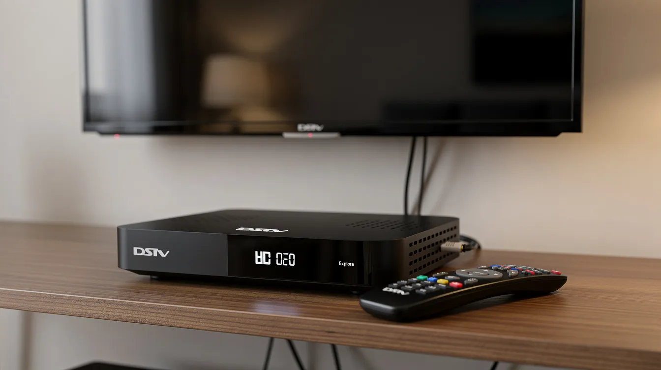 The image shows a DStv Explora decoder and its remote control placed neatly on a shelf, ready for configuration. This setup is ideal for professional DStv installation services, ensuring optimal signal quality for uninterrupted viewing.