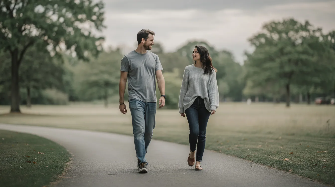 Twee vrienden wandelen op een rustige manier buiten, met een zekere afstand tussen hen in, wat een ontspannen sfeer creëert. Hun vriendschap lijkt te zijn gebaseerd op een emotionele connectie, mogelijk met de onderliggende mogelijkheid van een fwb relatie.