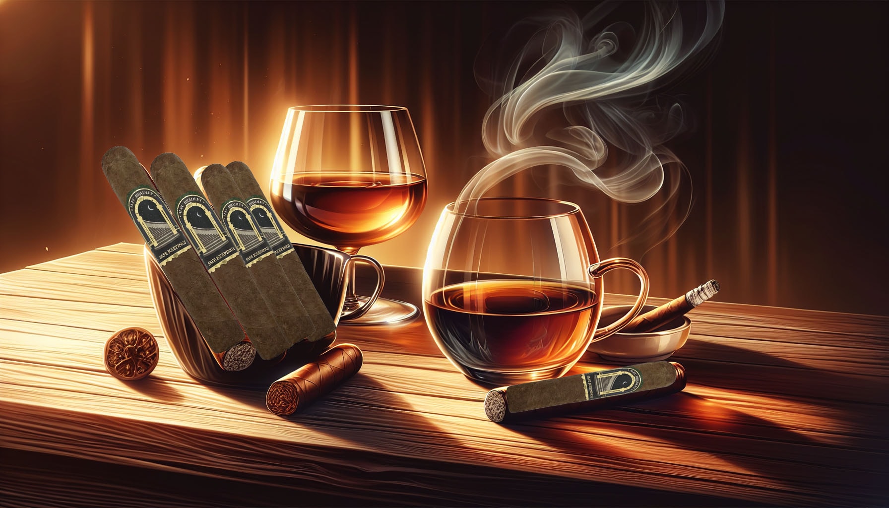 Alec Bradley cigars paired with beverages in an elegant setting.