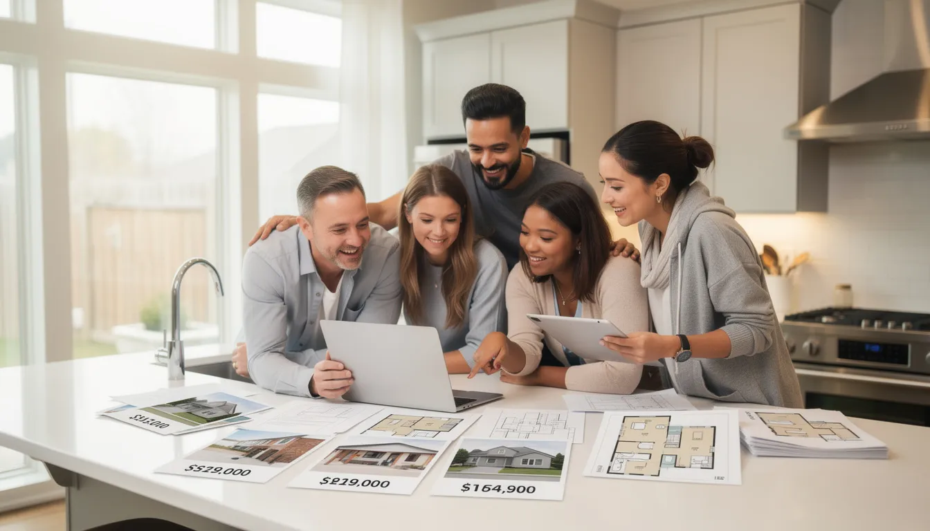 A group of buyers is gathered around a computer, discussing real estate listings and exploring various properties on a real estate website. They are utilizing tools like the IDX WordPress plugin to access MLS data and find new listings, showcasing the user-friendly features that help them make informed decisions.