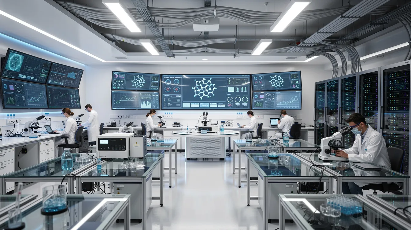 The image depicts a modern research laboratory filled with advanced monitoring equipment designed to study the autonomic nervous system and its relationship to vagus nerve stimulation. This high-tech environment showcases devices that may contribute to understanding chronic inflammation, cardiovascular health, and healthy aging through innovative research techniques.