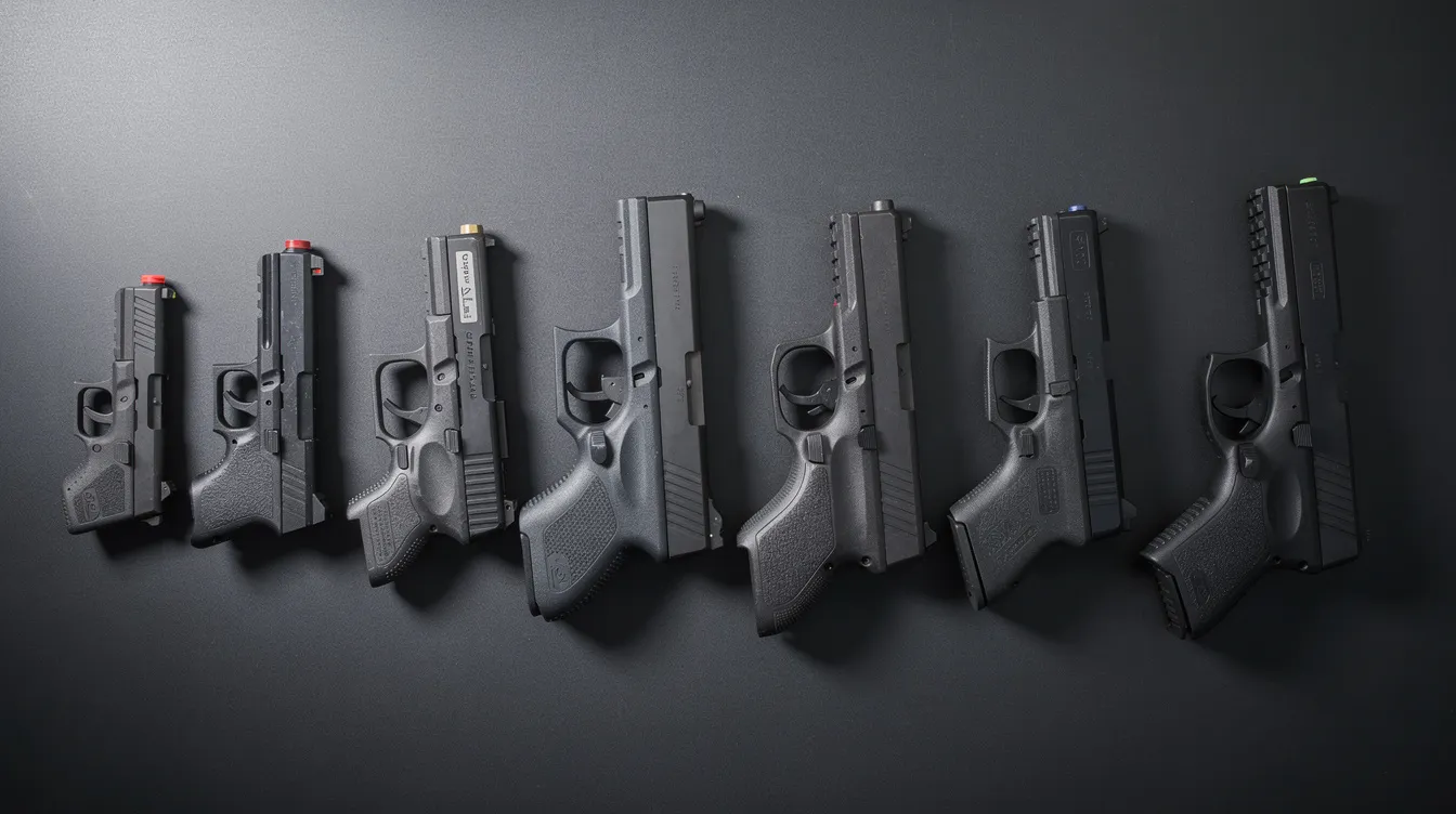 The image features a row of various airsoft pistols, including models like the Glock 17 and Glock 19, all displayed on a dark surface. These airsoft counterparts showcase realistic designs and features such as metal slides and polymer frames, appealing to airsoft players looking for premium sidearms.