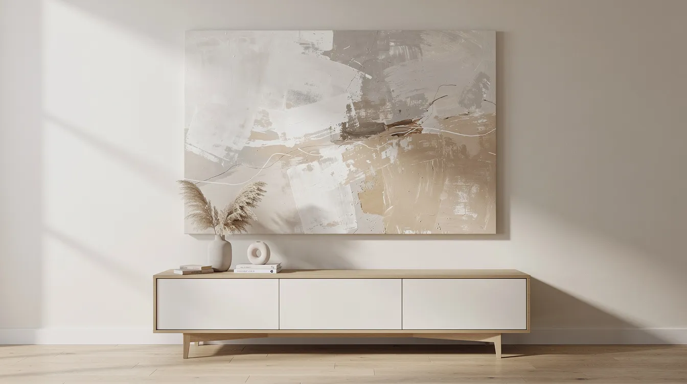 A large abstract artwork in neutral tones hangs above a sleek modern console, creating a cohesive look that enhances the interior design of the space. This original painting serves as a striking focal point, perfect for commercial projects or residential settings, showcasing the beauty of bespoke artwork.