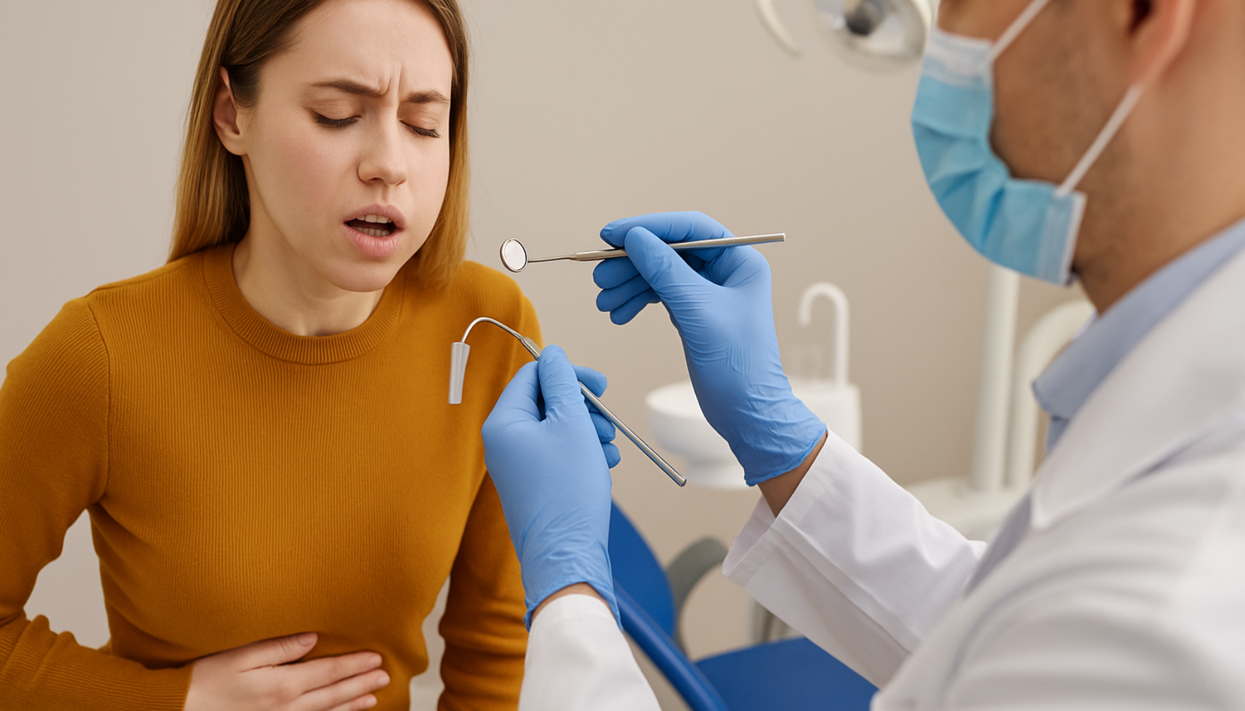 Kvinne med magesmerter holder magen mens tannlege forbereder undersøkelse, viser mulig sammenheng mellom syre og tannhelse.