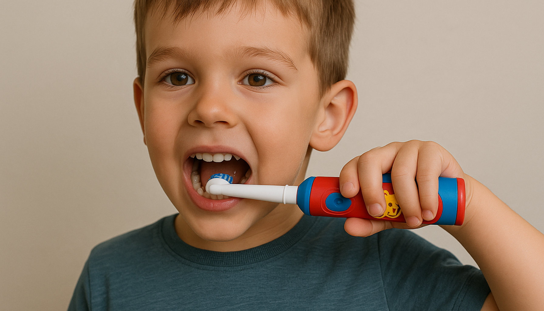 Elektrisk tannbørste for barn – Den smarte veien til bedre tannhelse 15 Lite barn pusser tennene med elektrisk tannbørste, smilende og fokusert på god tannhelse i ung alder.