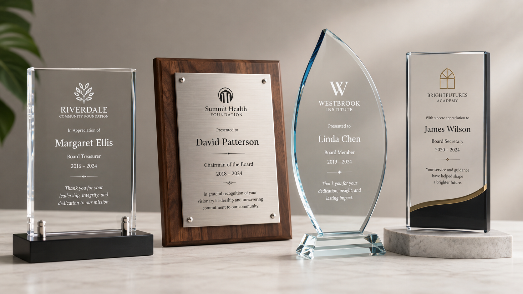 Glass, crystal, wood, and metal awards engraved for board service and leadership