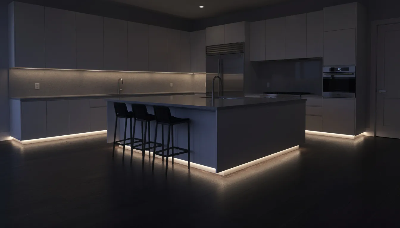 The image depicts a kitchen at night illuminated by soft toe-kick lighting that glows along the base of white cabinets, creating a floating effect. This ambient lighting enhances the space's visual harmony while providing a warm and inviting atmosphere.