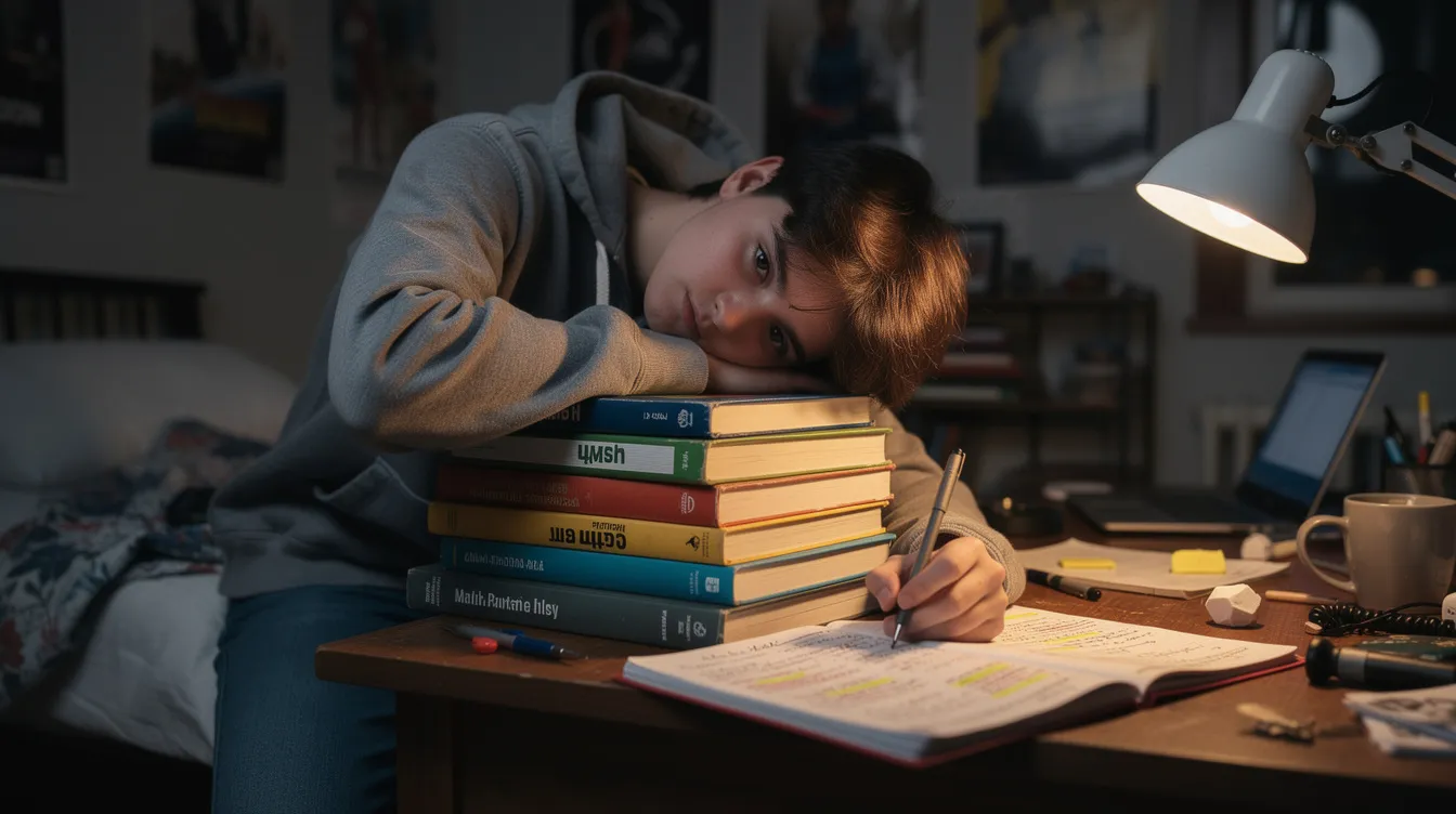 A tired teenager with extreme fatigue rests their head on a stack of textbooks at a desk in a dimly lit bedroom, reflecting the common struggles of adolescents facing sleep disorders and mental health issues. The scene captures the essence of feeling exhausted and the need for more quality sleep amidst the pressures of school and homework.