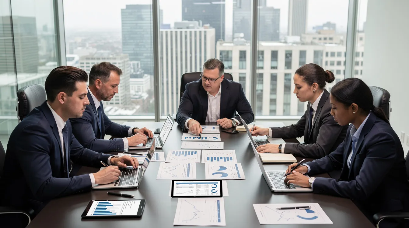 A group of professional advisors is engaged in a business meeting, analyzing financial documents laid out on a conference table. They are discussing the tax implications of mergers and acquisitions, focusing on aspects such as tax liabilities, fair market value, and future tax benefits related to the transaction.