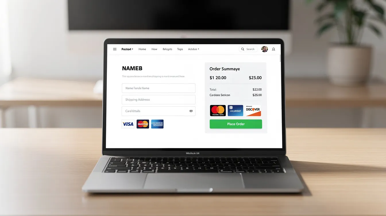 The image shows a laptop on a desk displaying an eCommerce checkout page, featuring various credit card icons and options for payment methods like WooCommerce Payments, PayPal, and Stripe. This setup illustrates how customers can easily make online payments through multiple payment gateways in a WooCommerce store.