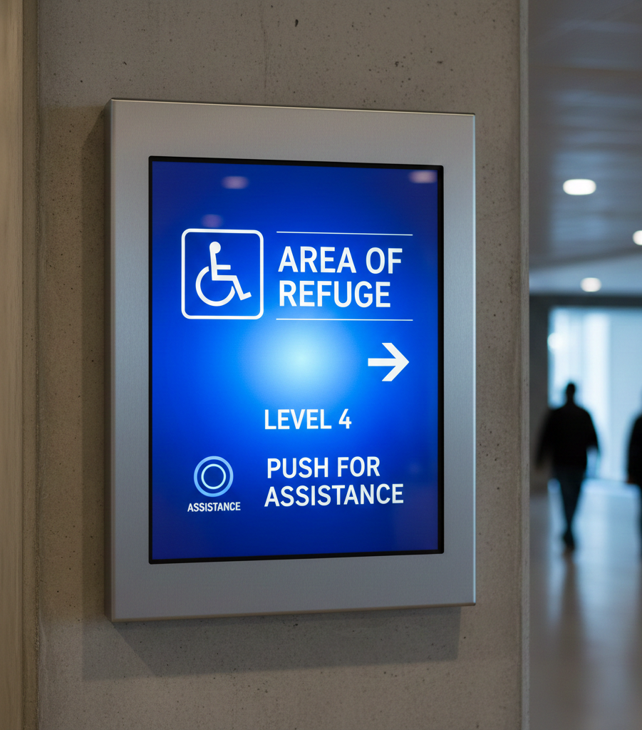 signs required for an area of refuge                                                                                                                                                                               following criteria 0/1–3 area of refuge requirements 1/5–15 new buildings 1/1–3 state codes 1/1–3 sign stating 0/1–4 further information 0/1–3 clear width  landing serving 0/2–7 signaling code 1/2–3 battery backup  braille signage 0/1–2 visual characters 0/2–6 general guidelines    one or more stories exterior area occupant load 0/1–2 one wheelchair space 1/1–2 accessible spaces 0/2–4 building codes 8/7–12 local codes 2/2–5 refuge required  open parking garages 0/1 monitoring location  disabilities act 1/2–3 provide direct access 0/1–3 constantly attended location adjacent floor area 0/1–2 direction signage indicating 0/1–3 elevator landing adjacent floor area 0/1–2 direction signage indicating 0/1–3 elevator landing   fire command center central control point  area of refuge 30/46–91 two way communication system area of refuge 30/46–91 two way communication system area of refuge 30/46–91 two way communication system area of refuge 30/46–91 two way communication system area of refuge 30/46–91 two way communication system area of refuge 30/46–91 two way communication system area of refuge 30/46–91 two way communication system area of refuge 30/46–91 two way communication system area of refuge 30/46–91 two way communication system area of refuge 30/46–91 two way communication system area of refuge 30/46–91 two way communication system area of refuge 30/46–91 two way communication system area of refuge 30/46–91 two way communication system area of refuge 30/46–91 two way communication system area of refuge 30/46–91 two way communication system area of refuge 30/46–91 two way communication system area of refuge 30/46–91 two way communication system 