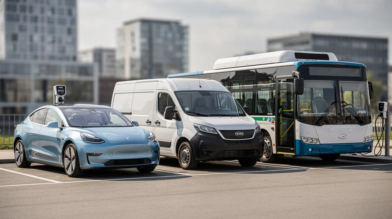 Auf dem Parkplatz stehen verschiedene Elektrofahrzeuge nebeneinander: ein Elektro-PKW, ein Elektro-Lieferwagen und ein Stadtbus. Diese Fahrzeuge repräsentieren die Vielfalt der Elektromobilität und tragen zur Reduzierung von CO2-Emissionen im Verkehrssektor bei.
