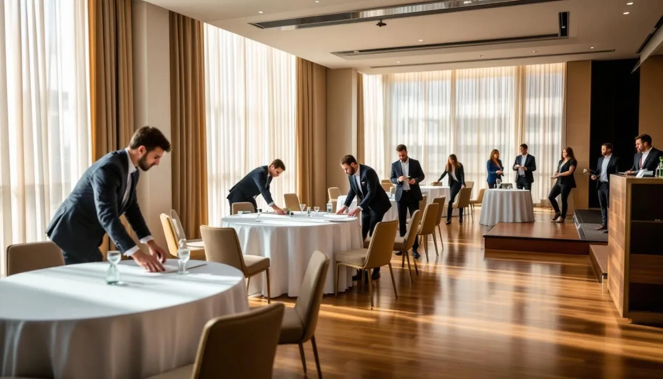 The image shows a hotel event management team coordinating the setup of a conference space, with professionals arranging seating, audio-visual equipment, and decor for an upcoming corporate event. This scene highlights the meticulous planning involved in the meetings industry, emphasizing the importance of creating an inviting atmosphere for attendees.