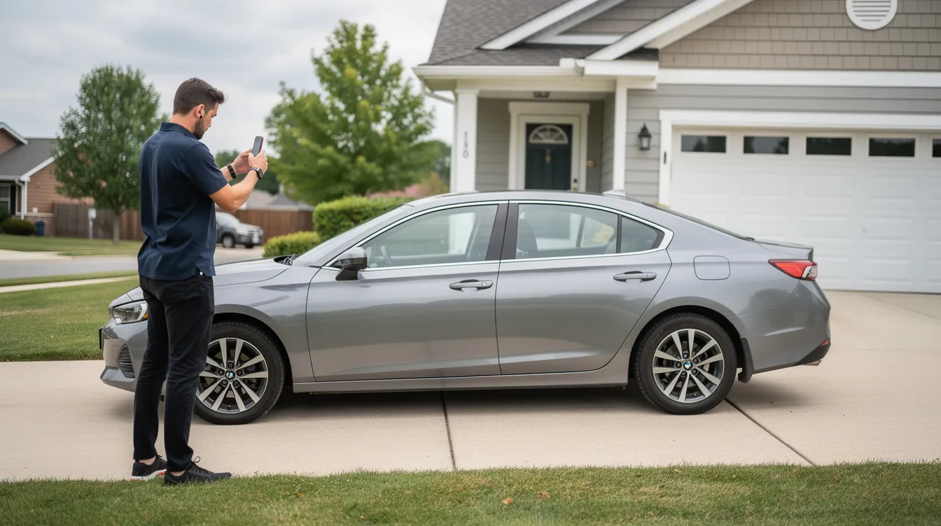 A person is photographing the exterior of a car parked near a residential driveway, preparing for its upcoming transport. This scene captures the car shipping process, highlighting the importance of documenting the vehicle's condition before utilizing auto transport services.
