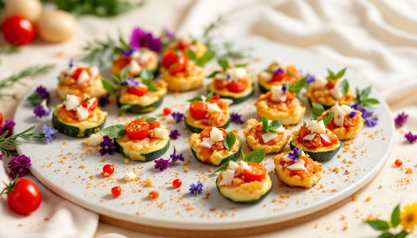 Gluten Free Vegan Appetizer: A variety of tasty bites and mini snacks arranged on a platter, featuring zucchini pizza bites and cauliflower buffalo bites.