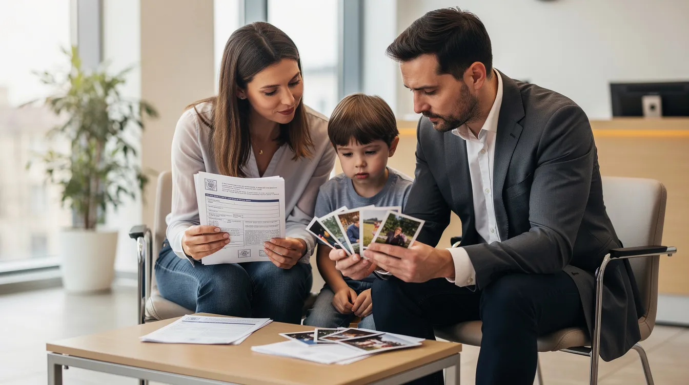The image shows a family with a young child seated in an office waiting area, holding various documents and passport photos, likely in preparation for a Spanish passport renewal or application process. The background is plain white, emphasizing the family's focus on their necessary paperwork for Spanish citizenship or consular registration.