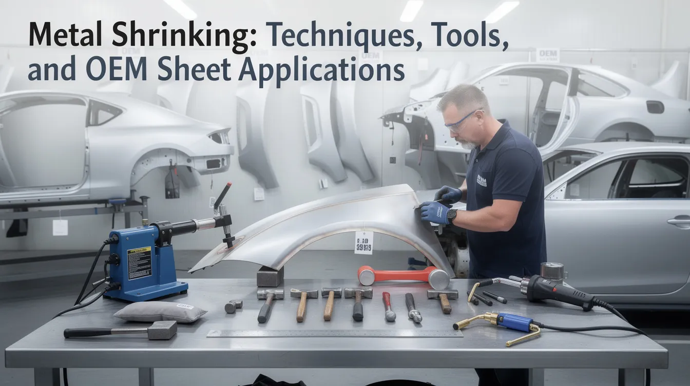 The image depicts various tools and materials used in the metal shrinking process, including a propane torch, shrinking hammers, and practice panels made of sheet metal. Techniques like heat shrinking and rapid cooling with a damp rag or cold water are illustrated, highlighting methods for controlling the shape and thickness of metal, especially in applications like patch panels and metal finishing.