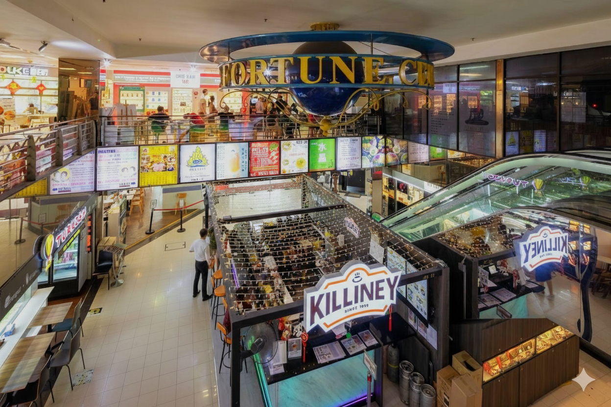 Crowds of people walking through the vibrant Fortune Centre Singapore mall, showcasing a lively shopping atmosphere.