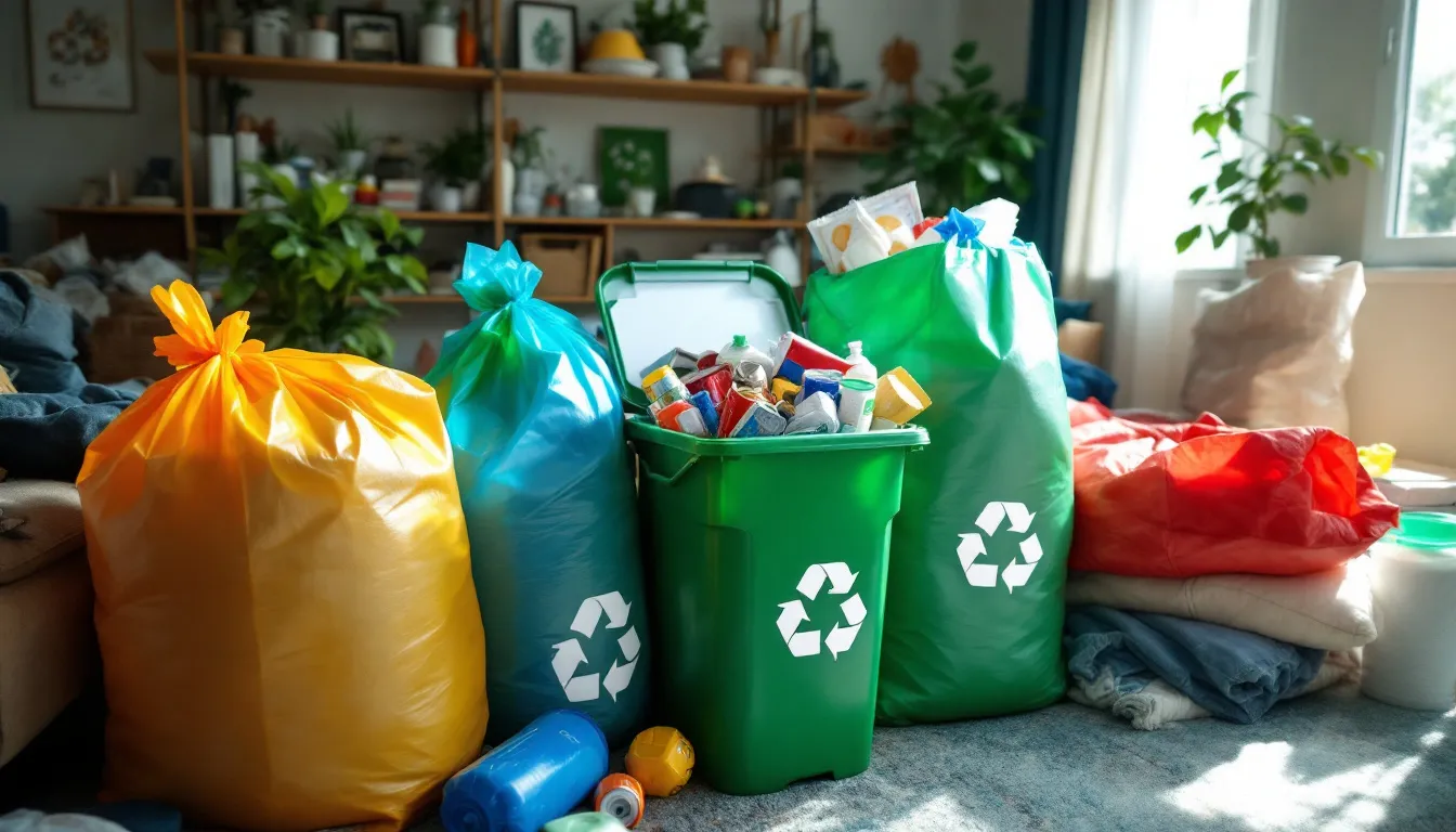 A scene depicting safe waste disposal practices in a hoarder's house, with trash bags and recycling bins.
