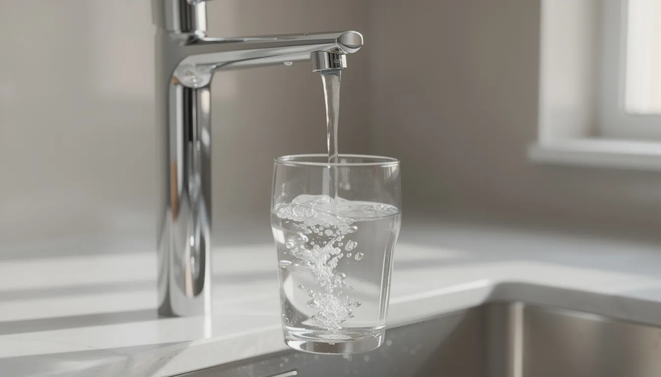 The image shows fresh, clean water flowing from a modern kitchen tap into a clear glass, symbolizing the importance of water quality and the benefits of professional water tank cleaning services for maintaining safe and healthy drinking water. This scene emphasizes the significance of regular water tank maintenance to ensure clean water free from harmful contaminants.