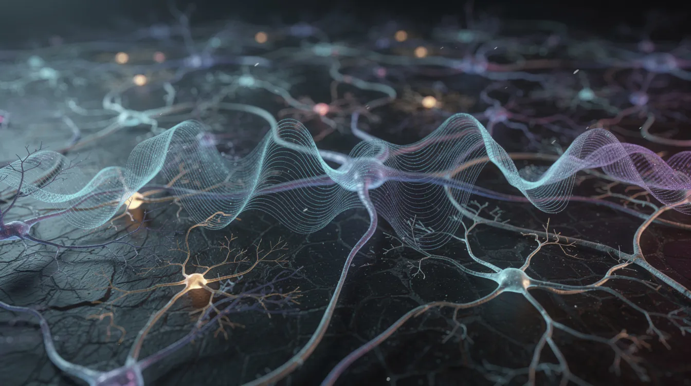An abstract visualization of neural activity is depicted with dynamic wave-like patterns, representing brain waves during various sleep stages, including REM sleep and deep sleep. The image illustrates the complexity of the sleep cycle and the brain&rsquo;s activity while falling asleep, highlighting the importance of quality sleep for overall physical health.