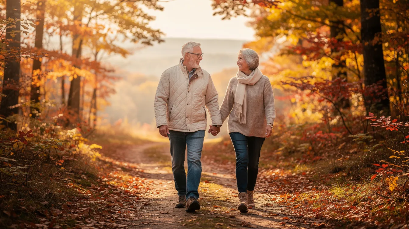 A retired couple strolls hand-in-hand along a scenic trail adorned with vibrant autumn leaves, enjoying their time together in nature. This peaceful moment reflects the rewards of careful retirement planning and the importance of secure retirement income for a fulfilling life after reaching retirement age.
