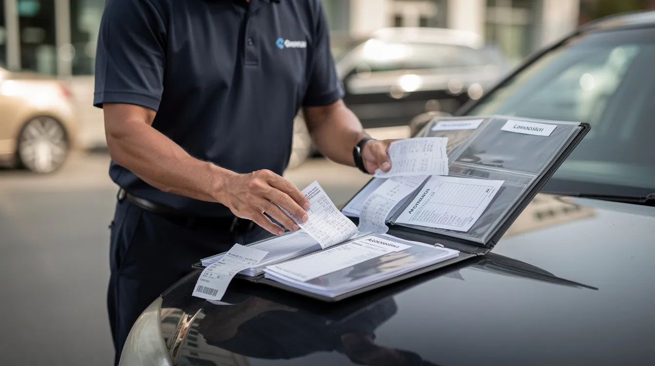 A driver is organizing receipts and appointment papers into a folder, likely related to their workers compensation claim, ensuring they have all necessary documentation for their insurance carrier. This careful arrangement may help them receive workers compensation benefits for their medical treatment and lost wages due to a workplace injury.