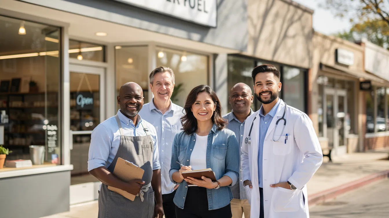 8c735c7c ab02 4cfc 9944 ac11765912a7 The image features a diverse group of professionals—a teacher, a shopkeeper, and a doctor—standing proudly in front of a small business storefront, symbolizing the economic viability of micro enterprises supported by financial institutions. Their presence highlights the importance of a satisfactory credit track record and the role of guarantors in securing loans, such as those under the Pradhan Mantri Mudra Yojana.