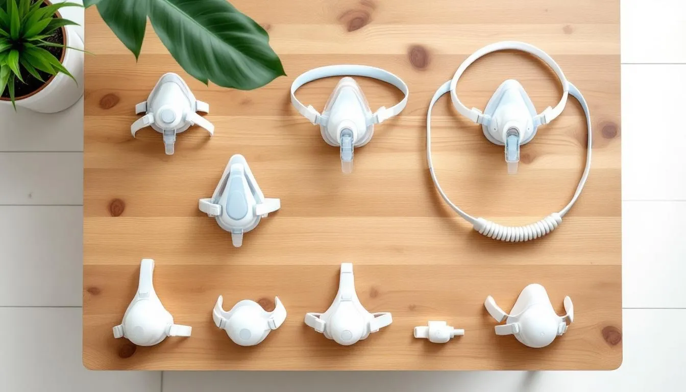 Different types of CPAP masks displayed on a table.