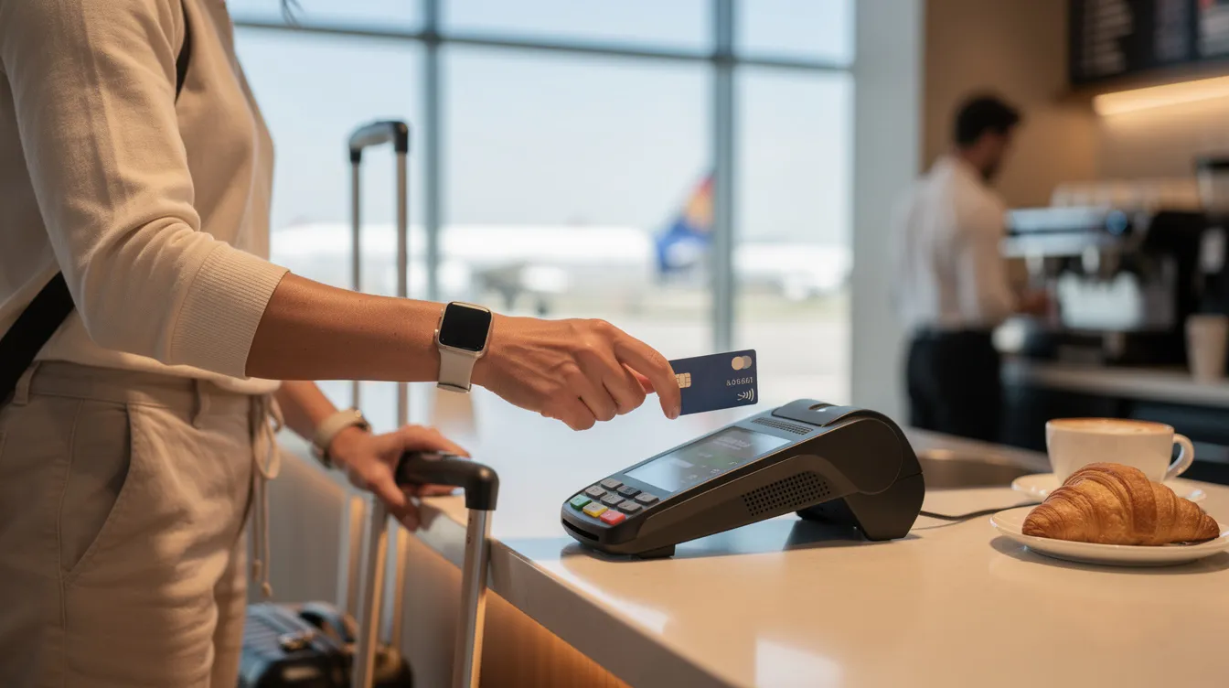 A traveler is seen tapping a debit card on a contactless payment terminal at an airport coffee shop, facilitating a quick transaction for their coffee. This moment highlights the convenience of using a wise personal account for managing international payments while on the go.