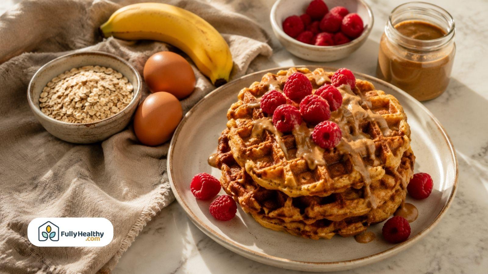 Healthy protein waffles topped with raspberries and nut butter beside oats and eggs.
