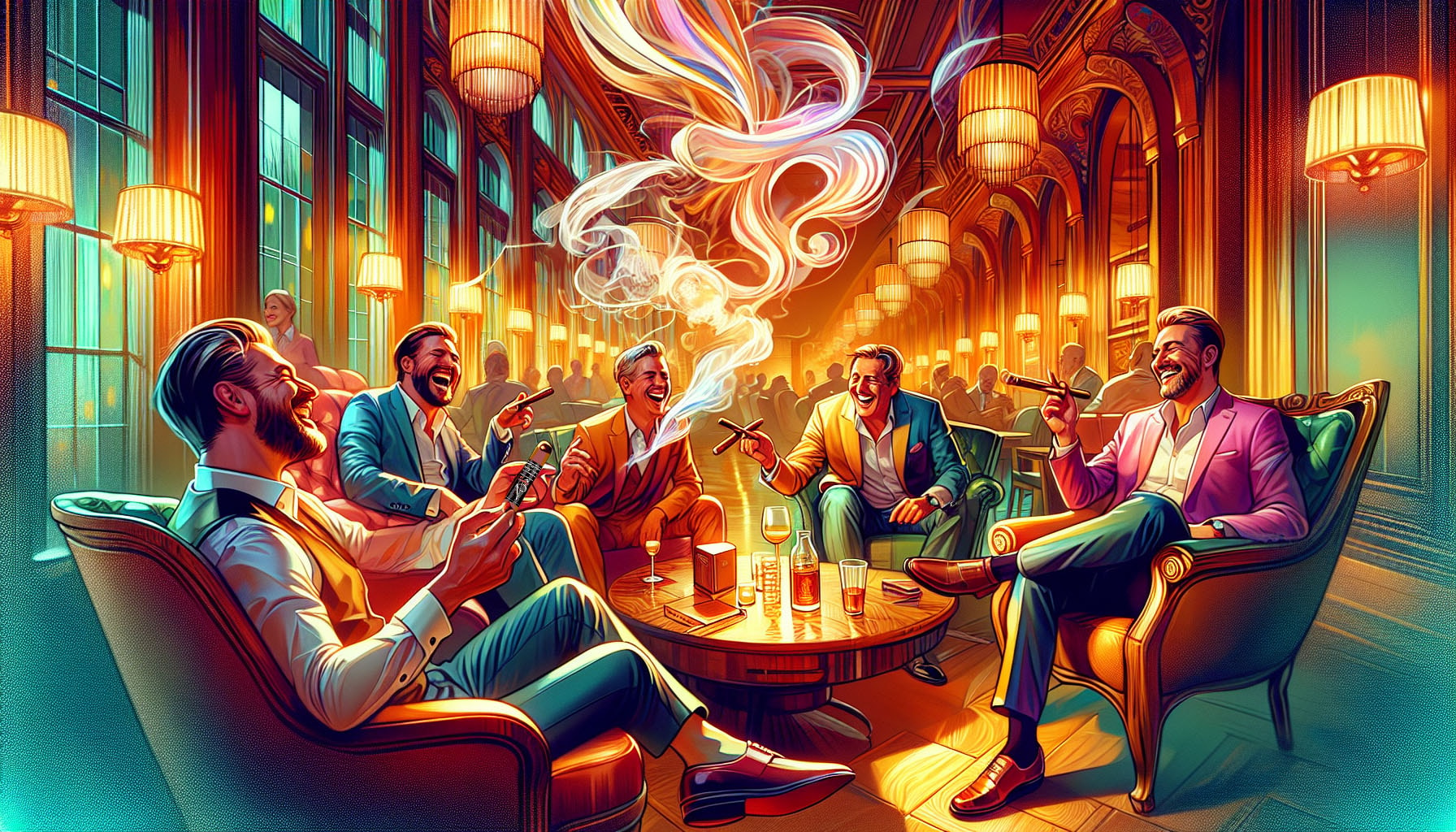 An illustration capturing the art of enjoying Angelenos cigars, emphasizing camaraderie and relaxation.