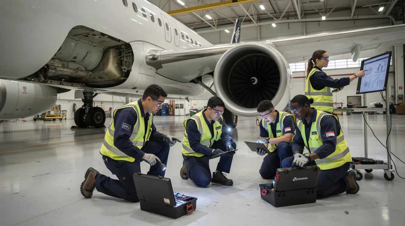 A group of aviation maintenance apprentices is gathered beside an aircraft in a hangar, actively engaged in their training as part of an apprenticeship program. They are learning essential skills required for aircraft maintenance, working together as a team to gain hands-on experience in the aviation industry.