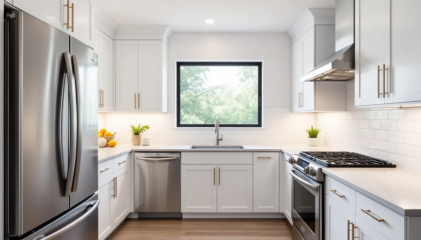 This kitchen upgrade image features a modern kitchen showcasing sleek white cabinets, elegant quartz countertops, and a stylish subway tile backsplash. The space is enhanced by stainless steel appliances and under cabinet lighting, making it a beautiful and functional area that adds significant value to the home for future buyers.