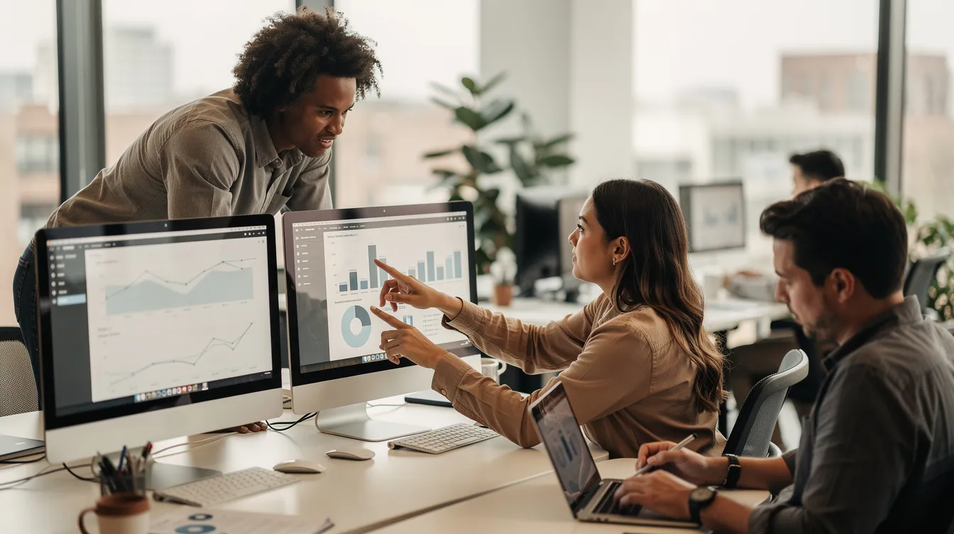 In einem modernen Büro arbeiten mehrere Mitarbeitende zusammen an Computerbildschirmen, um KI-Tools zu nutzen und Strategien zur Kontrolle von Risiken von Shadow AI zu entwickeln. Die Szene vermittelt ein Gefühl von Zusammenarbeit und Innovation in Bezug auf die Nutzung von künstlicher Intelligenz und Datensicherheit.