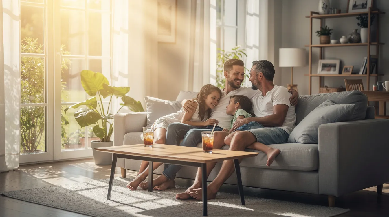 A family is sitting comfortably on a couch in a cool living room, enjoying the sunlight streaming through the windows on a hot summer day. The scene highlights the importance of energy efficiency in maintaining a comfortable indoor environment, possibly aided by a Trane air conditioner that helps control humidity and cooling costs.