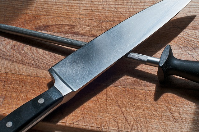 knife, cutting board, sharpening steel