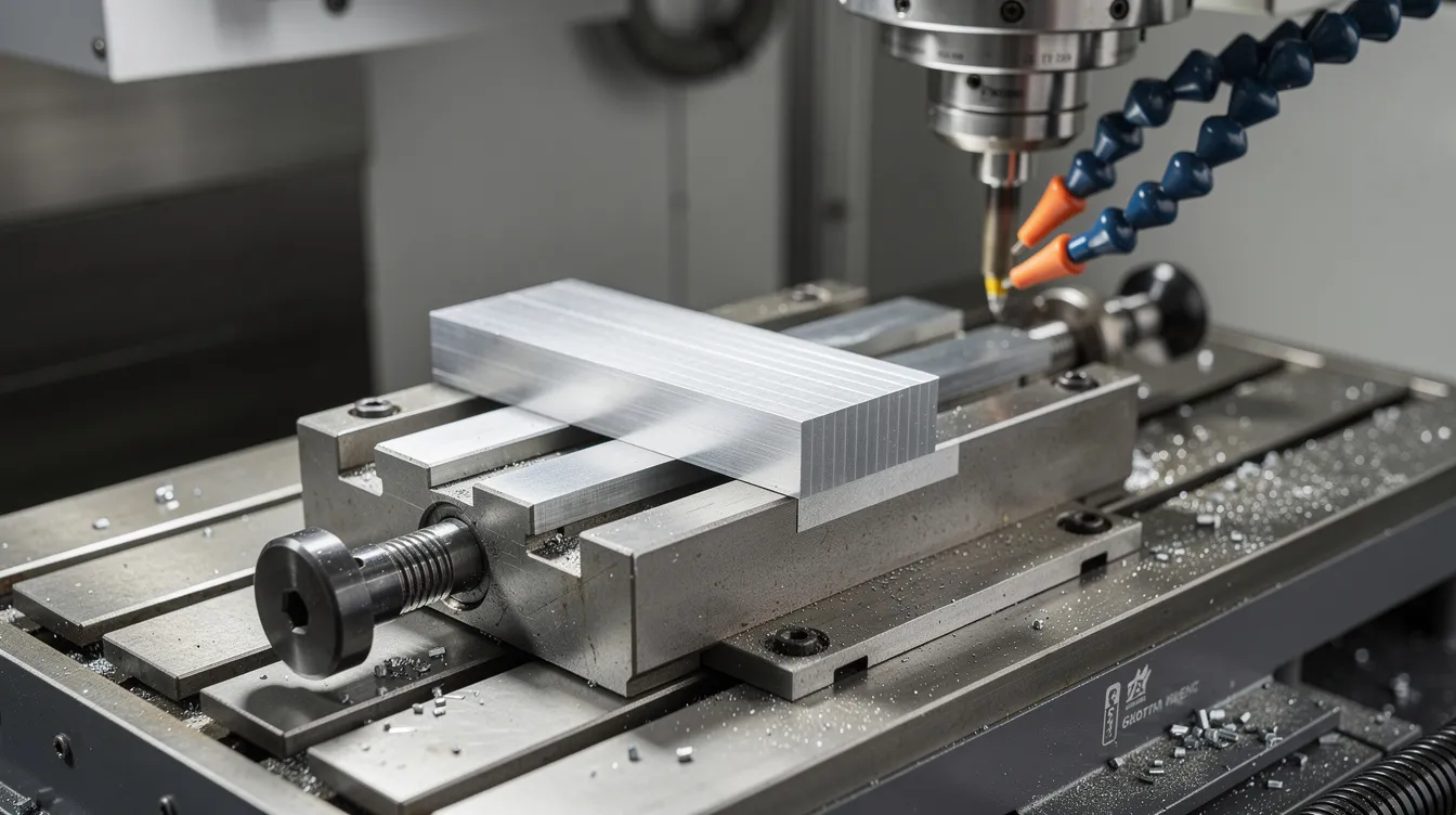 The image depicts a CNC milling machine table featuring a precision vise that securely holds a metal block, with parallels ensuring accurate alignment for the machining process. This setup illustrates essential components of CNC technology, showcasing how CNC machines operate to cut and shape materials with precision.