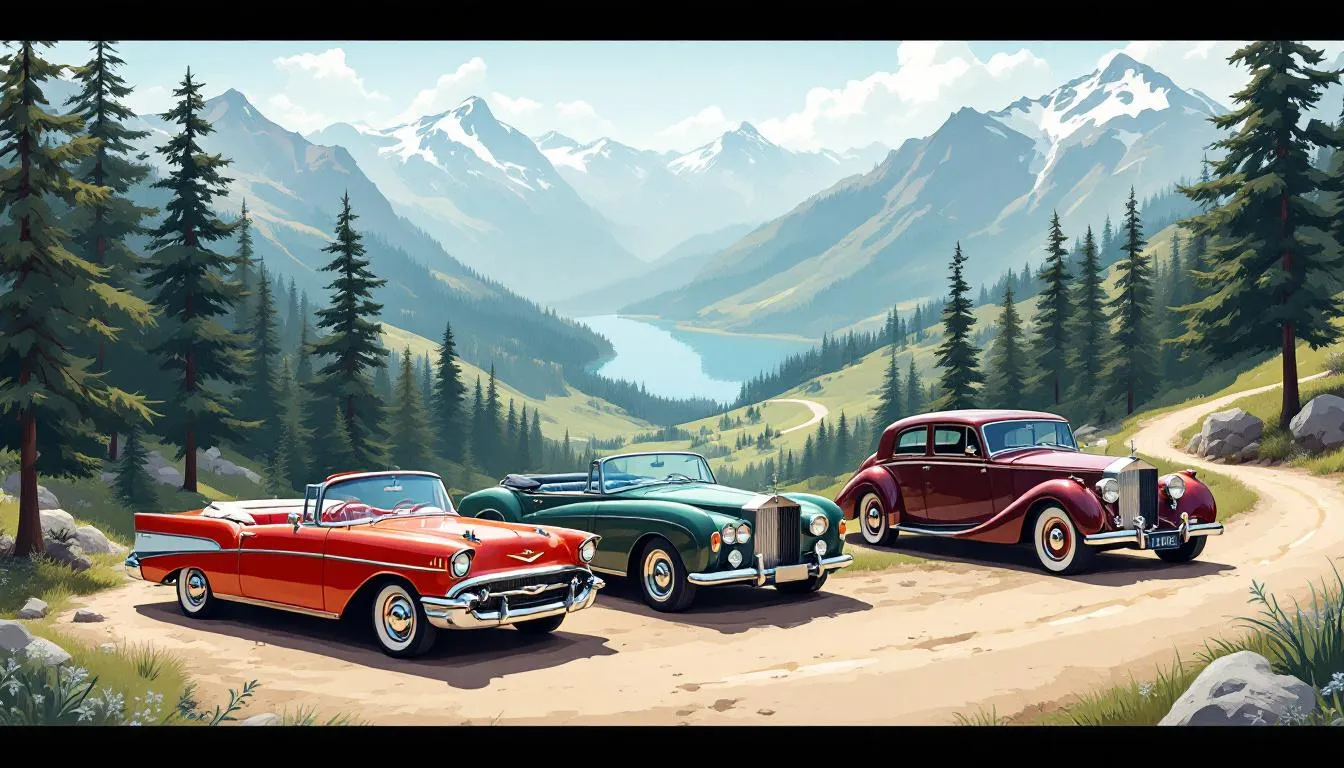 An illustration of classic cars parked in a scenic location, representing classic car insurance.